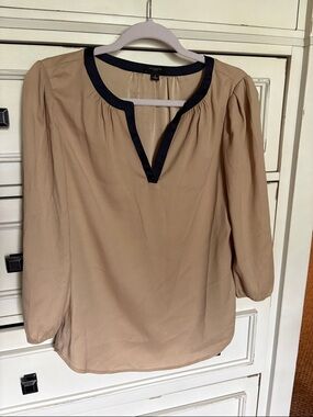 Ann Taylor Taupe Blouse with Navy Trim